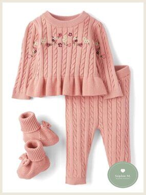 Baby Girls 3 Piece Cable Knit Sweater Set with Pants & Booties